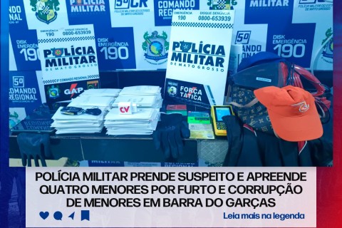 POLÍCIA MILITAR PRENDE SUSPEITO E APREENDE QUATRO MENORES POR FURTO E CORRUPÇÃO DE MENORES EM BARRA DO GARÇAS