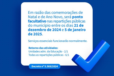 Prefeitura de Barra do Garças decreta ponto facultativo de Natal e Ano Novo, de 21 de dezembro a 5 de janeiro